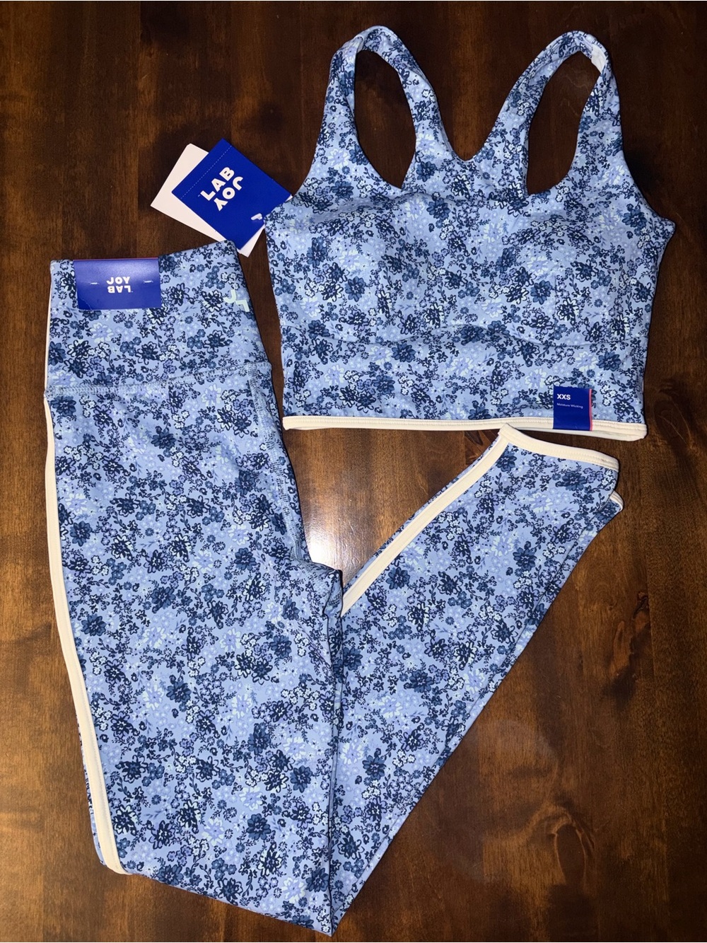 JoyLab Set Blue Floral Activewear Workout Legging and Longline Sport Bra NWT XXS